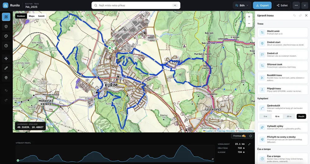 Runilo GPX editor s trasou na outdoor mapě, výškovým profilem a panelem úprav trasy
