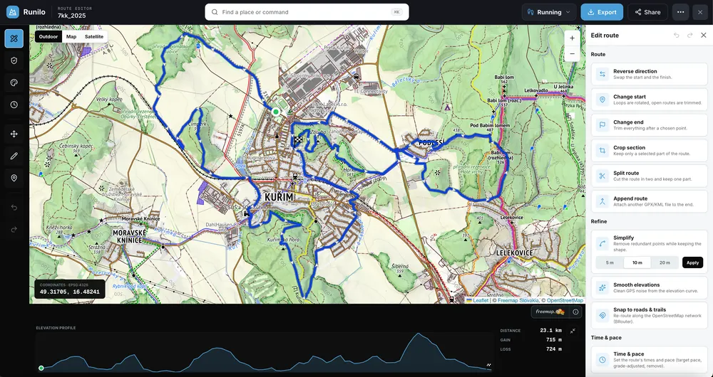 Runilo GPX editor with a route on an outdoor map, elevation profile and the edit-route panel